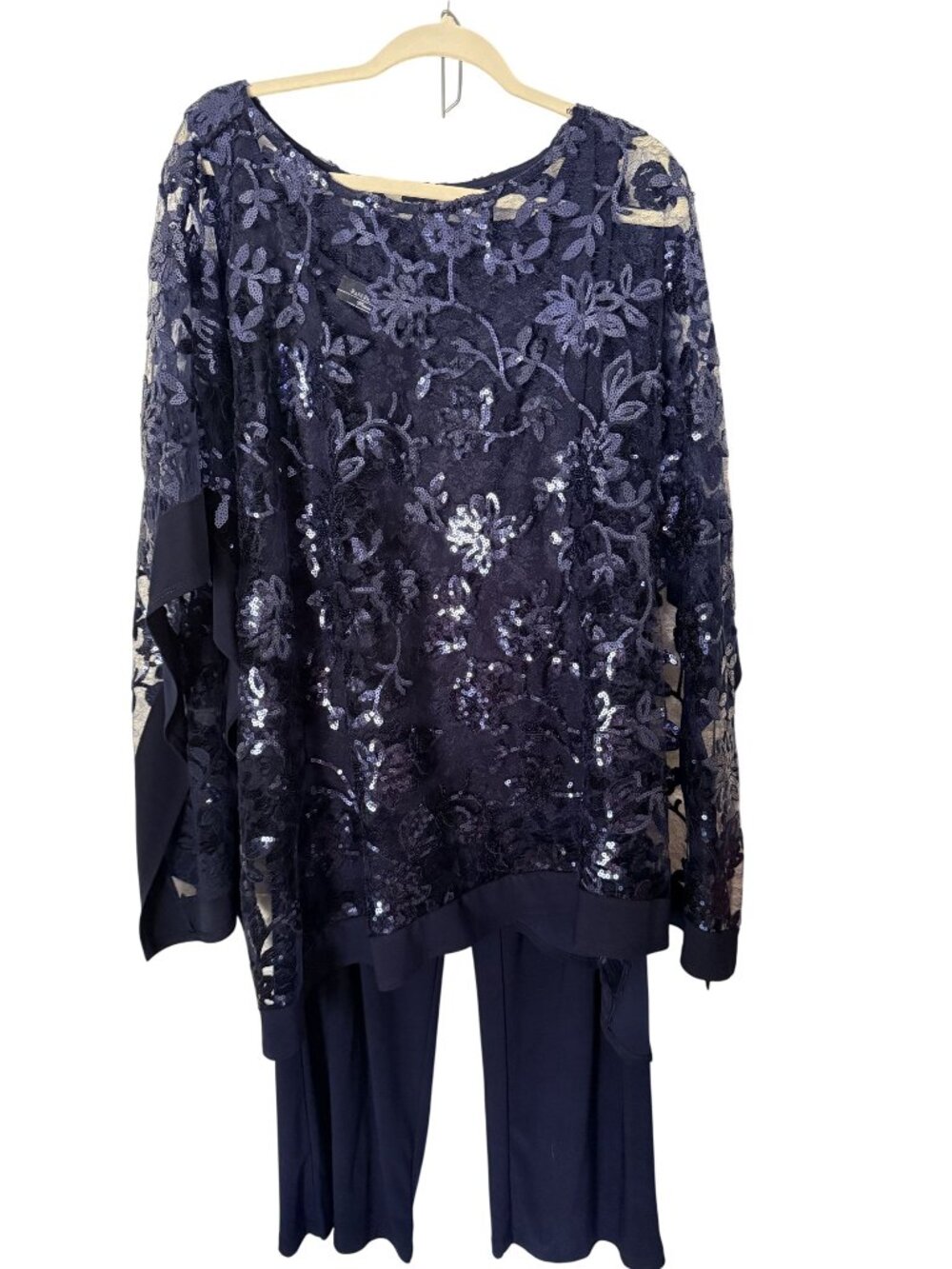 R&M Richards Womens 2-Piece Lace Top & Elastic Waist Pants Set Navy Size 18